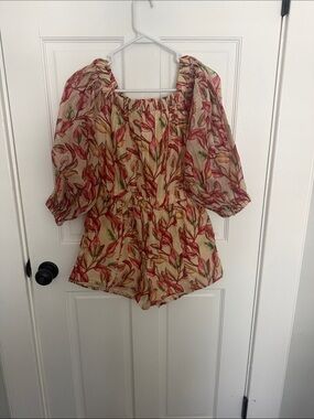 Lovers + Friends Cream Floral Puff-Sleeve Tunic Romper with Pink & Green Print